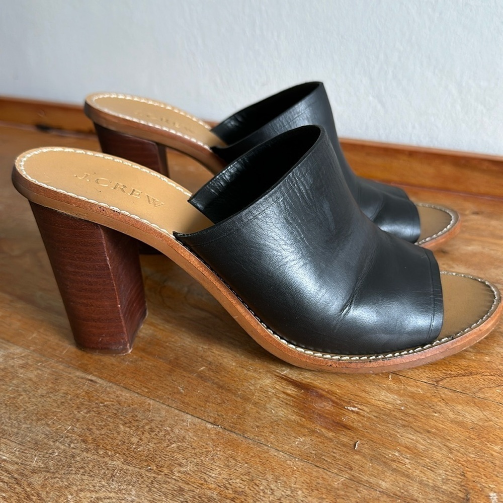 J. Crew Marlow mule heels in black leather & brown wooden heels women’s 7.5US